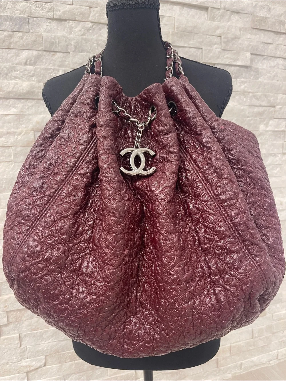 Authentic CHANEL Camelia in Bordeaux with CC Charm